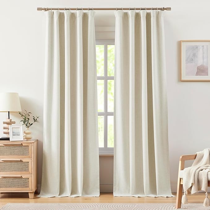 Vision Home Natural Linen Full Blackout Curtains 95 inch Long for Bedroom Living Room Darkening Light Blocking Window Panels Thermal Insulated Rod Pocket Back Tab Neutral Drapes 56" Wx95 Lx2
