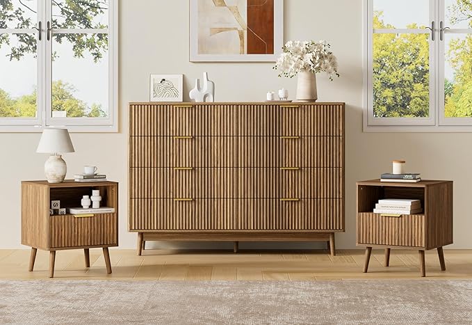 LYNSOM Fluted Dresser and Nightstand Sets 3 Piece, 8-Drawers Dresser and 1-Drawer Nightstands Set of 2, Wood Bedroom Furniture Set for Home, Bedroom, Hallway, Walnut