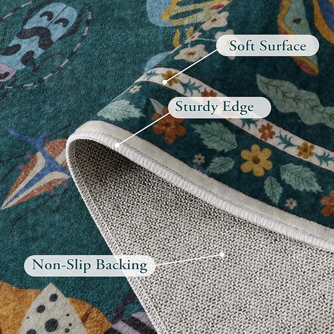 Lahome Insect Washable Round Rugs, Non-Slip Soft Round Rug 4ft Ultra-Thin, Small Boho Circle Carpet for Entryway Kitchen Bedroom Nursery Bathroom, Dark Green