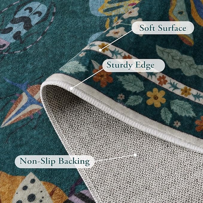 Lahome Insect 9x12 Area Rugs for Living Room Bedroom, Soft Washable Rugs 9x12 Stain Resistant, Ultra-Thin Non-Slip Non-Shedding Accent Carpet for Dining Room Office, Dark Green
