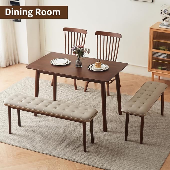 47'' Solid Wood Dining Bench with Cushion, Faux Leather Upholstered Bench for Dining Room Table, Kitchen, Entryway, or Bedroom End of Bed, Beige