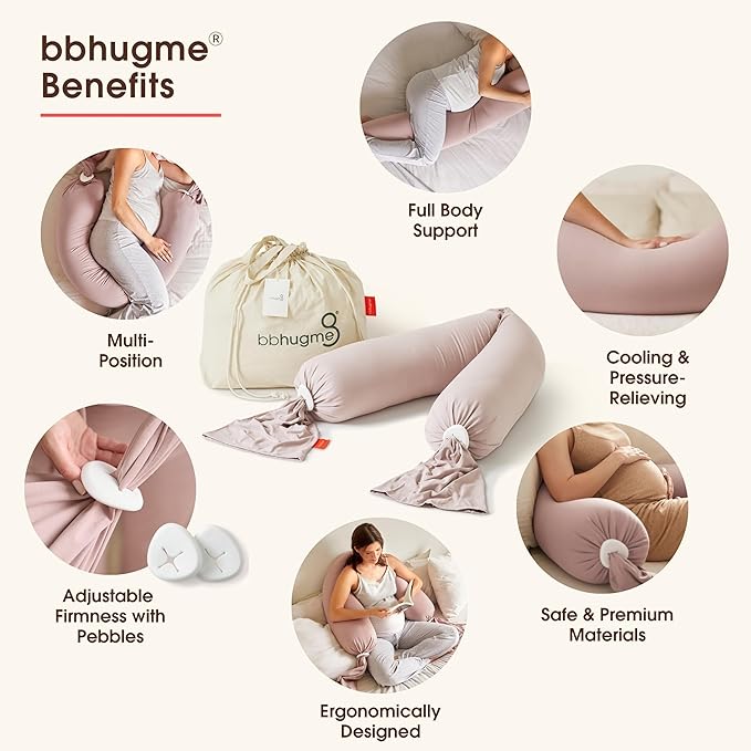 bbhugme Adjustable Pregnancy & Nursing Pillow Bundle – Full Body Support for Side Sleeping and Baby Care – Adjustable Firmness, Removable Covers – Dusty Pink & Grey Melange