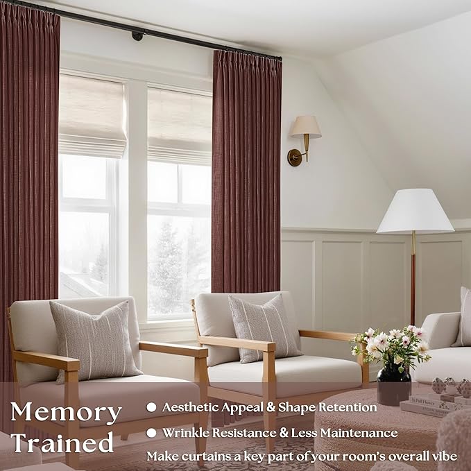 Reddish Brown Pinch Pleated Linen Cafe Curtains 45 Inch Length 2 Panels for Dining Room Kitchen Bedroom Semi Sheer Pleat Drapes with Hooks Rings Light Filtering Short Window Curtain Cabinet 40x45