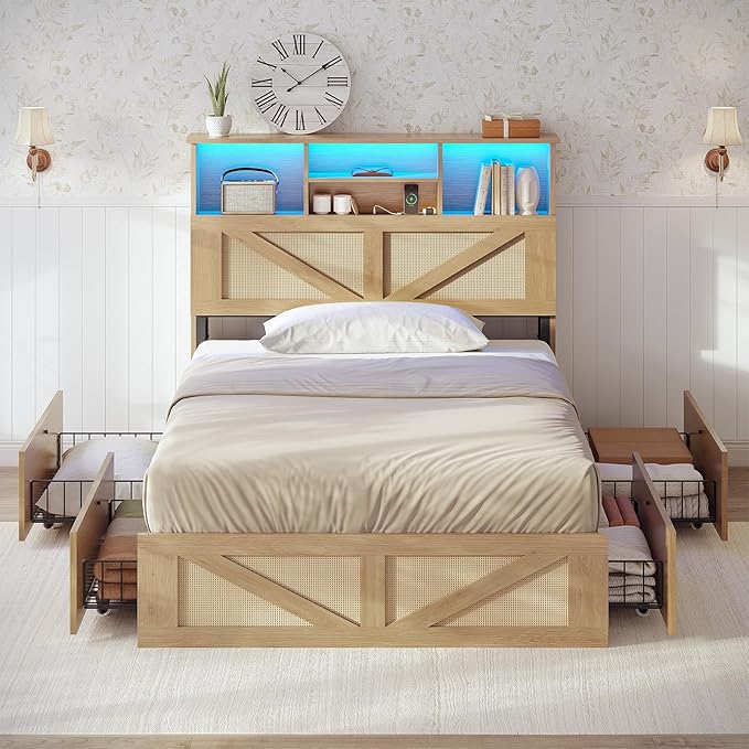 AOGLLATI Twin Bed Frame with 4 Storage Drawers and Natural Rattan 2-Tier Bookcase Hidden Headboard, Boho Led Twin Bed Frame with Charging Station, No Box Spring Needed, Wood
