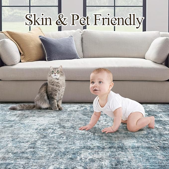 Area Rug 6x9 Abstract Rugs for Living Room 6 x 9 Washable Rugs Blue Non Slip Low Pile Rugs for Bedroom Dining Room Foldable Thin