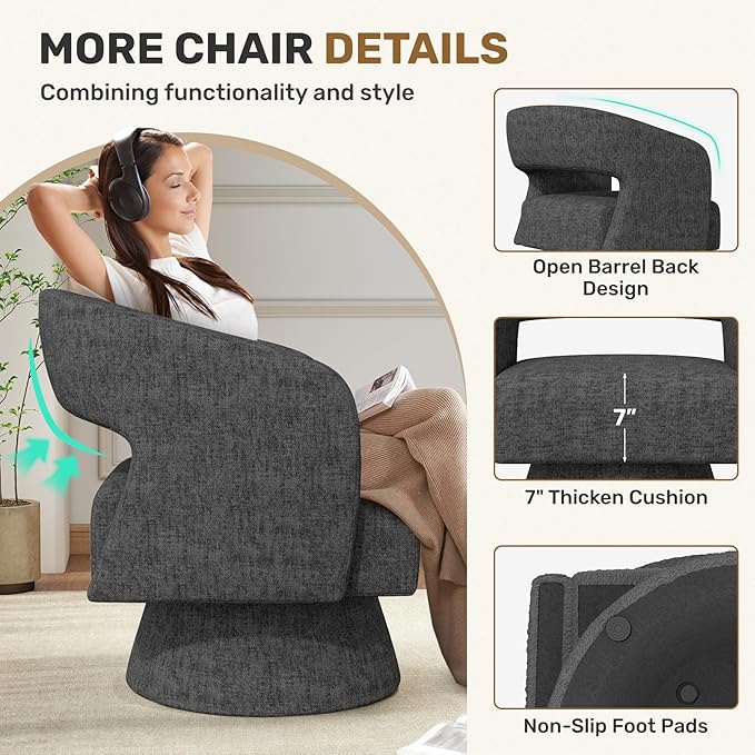 Swivel Accent Chair Set of 4, Modern Comfy Chenille Barrel Chairs, Oversized Upholstered Round Arm Chair for Living Room, Bedroom, Reading Room, Black