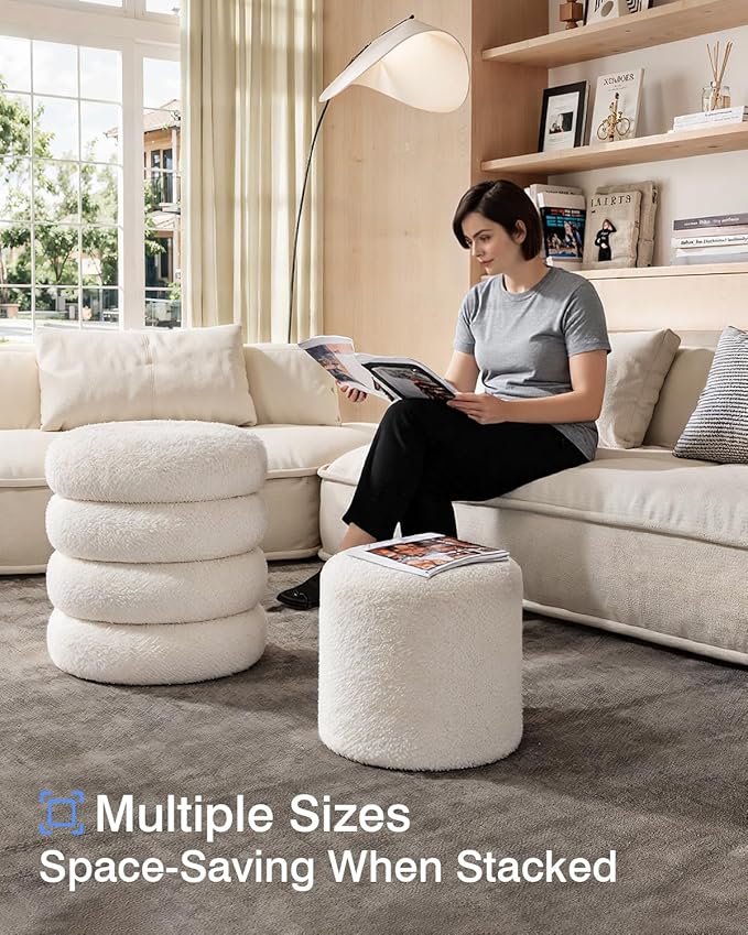 Round Set of 2 Sherpa Storage Ottoman Stool Boucle Vanity Stool Footstool with Removeable lid Load up to 440 lbs for Livingroom Bedroom White UASND68W