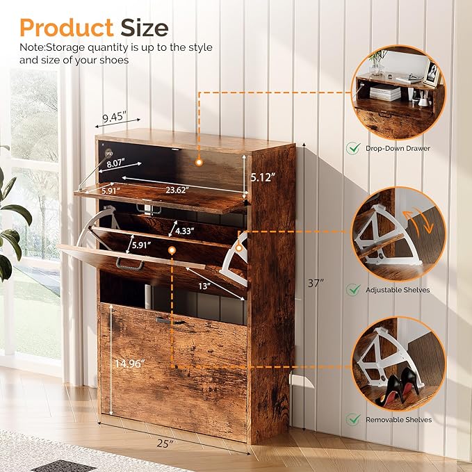 VINGLI Shoe Cabinet Storage for Entryway Ultra Slim with 2 Flip &1Drop-Down Drawers, 24.8" W Narrow Shoe Cabinet for Front Door Entrance,Freestanding Rustic Brown Wood Shoes Organizer for Hallway