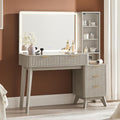 T4TREAM 48" Fluted Makeup Vanity Desk with Large 36" Mirror and Lights, Modern Glass Top Big Vanity Table w/5 Drawers & Adjustable Shelves, Dressing Table w/Charging Station for Bedroom, White Alder
