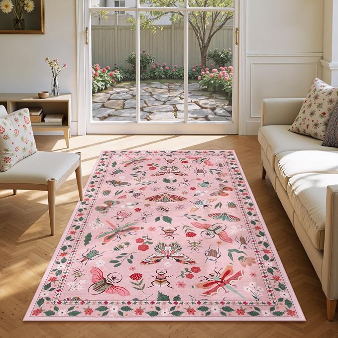 Lahome Insect Washable Small Area Rug, 3x5 Area Rug for Bedroom Living Room, Non-Slip Soft Accent Throw Carpet for Kitchen Office Entryway Bathroom Office, Pink