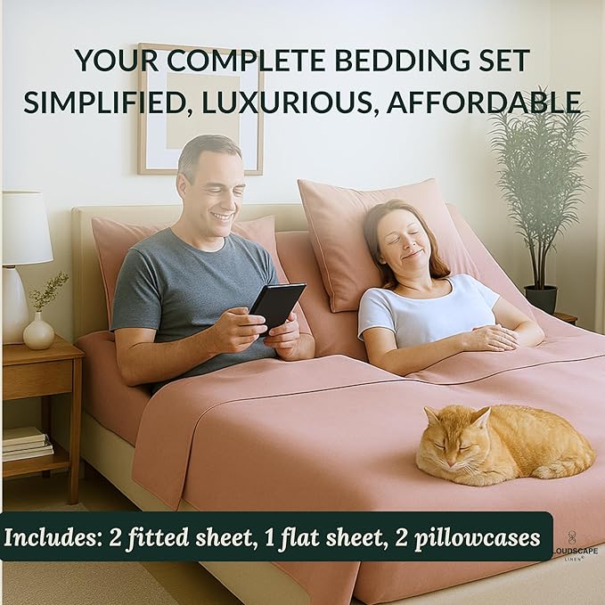 Cloud Scape Linen 100% Egyptian Cotton Split King Sheet Set for Adjustable Bed,400 Thread Count, 5 Pcs Bedding Set, Soft, Breathable and Durable, Deep Pockets up to 17, Sepia Rose