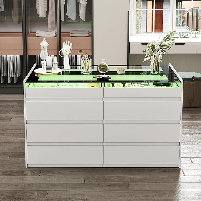 White Dresser for Bedroom Set of 2, 8 Drawer Dresser with Glass Top and LED Light, Modern Chest of Drawers, Jewelry Dressers Display, Dressers Organizer for Bedroom, Closet, Living Room