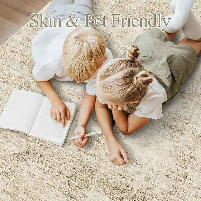 Washable Area Rug 8x10, Large Soft Rugs for Living Room Vintage 8x10 Area Rugs for Bedroom Dining Room Floral Non-Slip Thin Brown