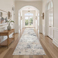 Washable Runner Rug for Hallway: 3x12 Neutral Modern Abstract Low Pile Area Rug with Non-Slip Backing - Carpet for Bedroom Kitchen Laundry Entryway Bathroom Indoor -Beige Blue