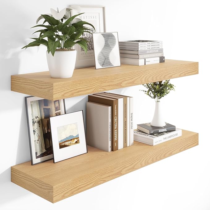 Heimlove 12 Inch Deep Floating Shelves, 48 x 12 inches Long Wall Shelf, Large Display Shelf & Storage Shelf, Rustic Wood Wall Shelves for Fireplace Mantel, Set of 2(Oak)