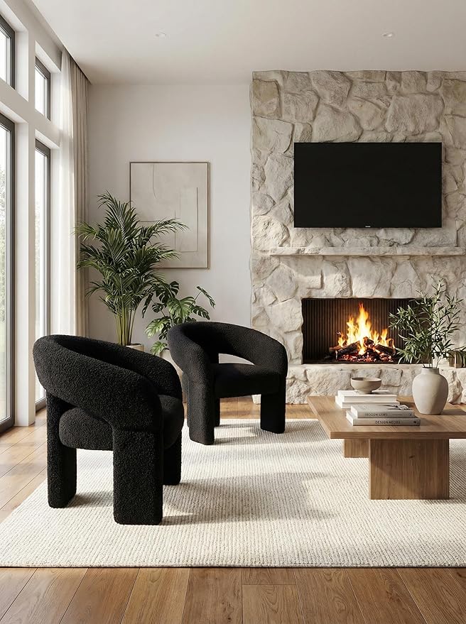 LukeAlon Mid Century Modern Sherpa Accent Chairs Set of 2 – Round Barrel Back Armchairs, Comfy Upholstered Lounge Chairs for Living Room, Bedroom, Office, Waiting Rooms, Black