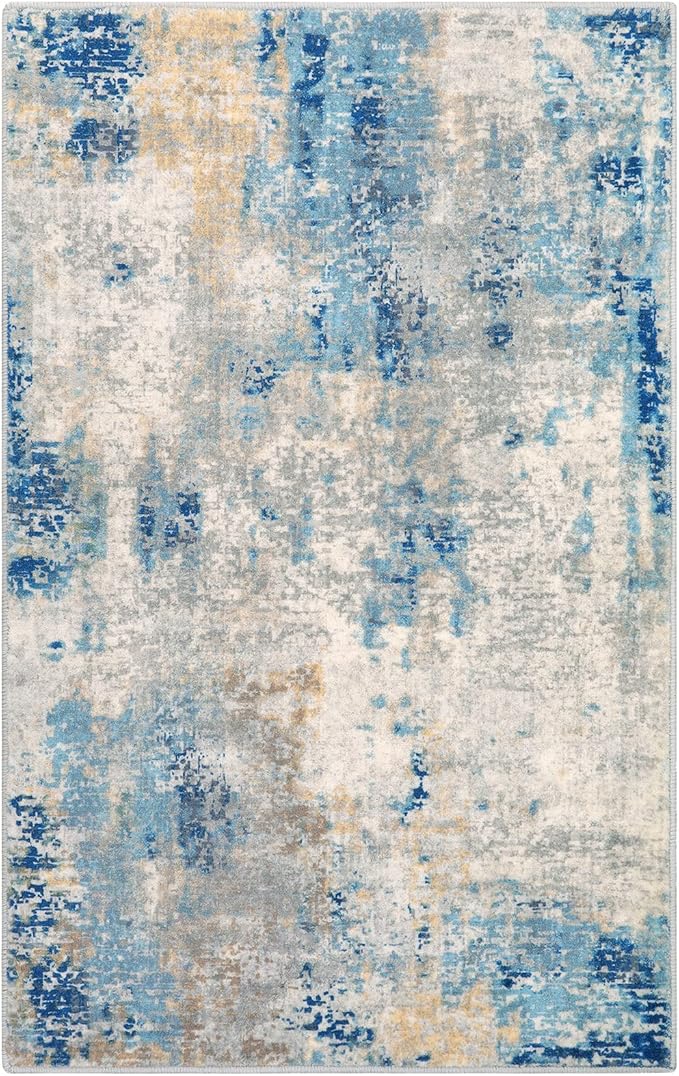 Lahome Modern Abstract Area Rug 3x5, Washable Bedroom Rug Soft Throw Entry Mat Contemporary Faux Wool Non-Slip Stain Resistant Carpet for Living Room Kitchen Bath Office, Blue/Yellow/Ivory
