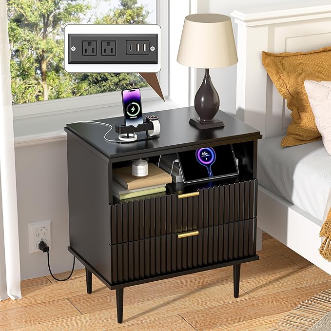 Nightstand with Charging Station, Wide Fluted Nightstand, Wood for Bedroom, Black Dresser with Storage Drawers, Bedside Table with Metal Handle & Leg (Black Set of 2, 23.3)