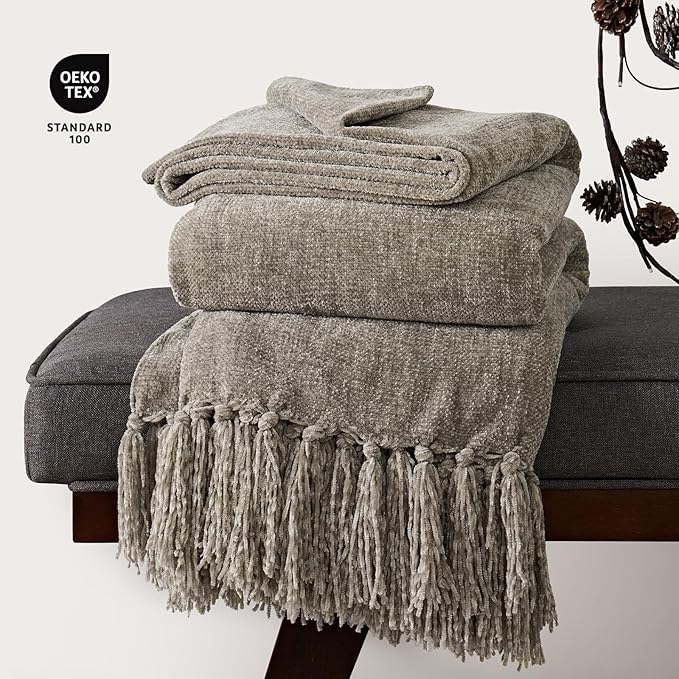 EVERGRACE Soft Chenille Throw Blanket for Couch, Cozy Plush Fuzzy Decorative Chenille Knit Throw Blanket with Tassels, Lightweight Blanket and Throws for Bed Sofa Gift Home Decor, Taupe 50"x60"