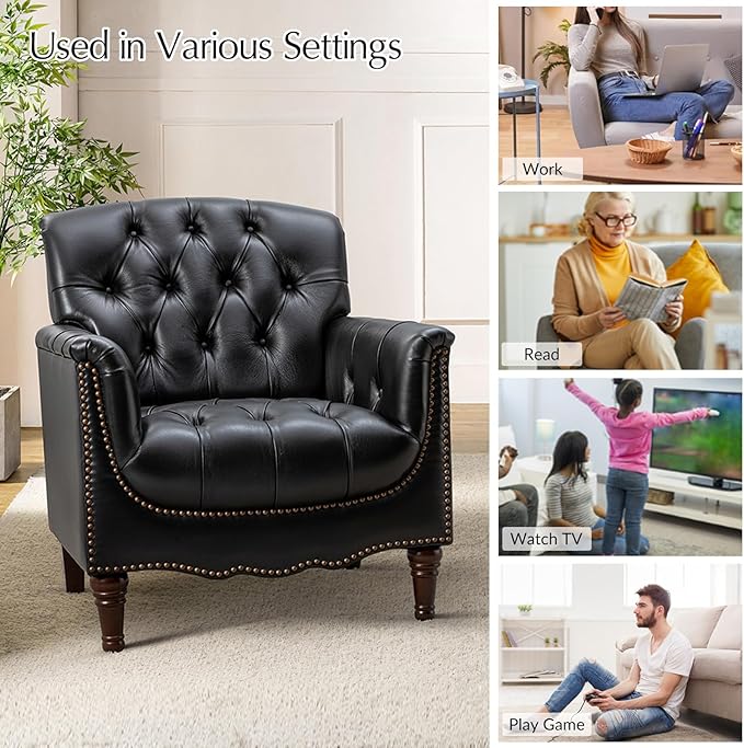 HULALA HOME Mid Century Modern Leather Club Chairs Set of 2, Top-Grain Genuine Leather Armchairs with Button-Tufted Back & Solid Wood Legs, Accent Chairs for Living Room/Bedroom/Home Office, Black