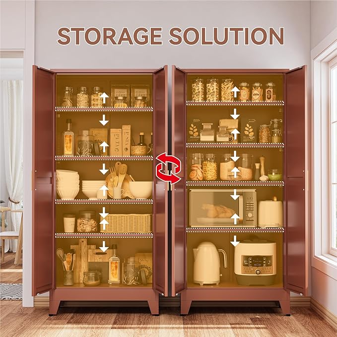 Farmhouse Pantry Cabinet with Barn Doors, 71" H x 31.5" W, 5-Tier Metal Storage Cabinet with 4 Adjustable Shelves for Kitchen Garage Dining Room,Brown