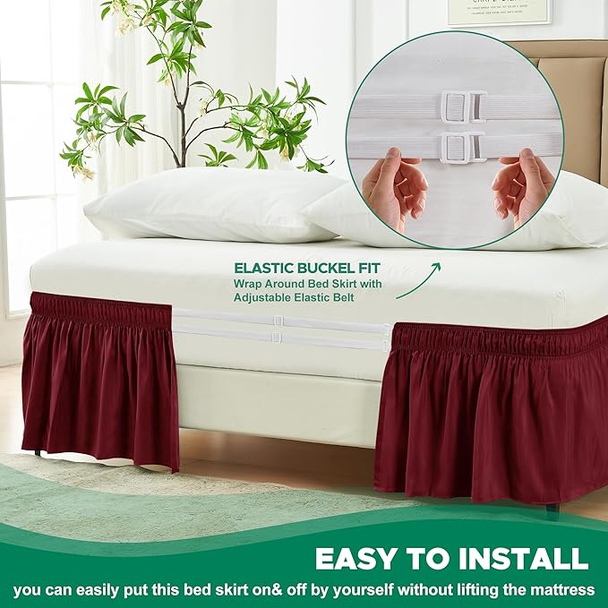 Biscaynebay Wrap Around Bed Skirts for King & Cal King Beds 18" Drop, Burgundy Adjustable Elastic Dust Ruffles Easy Fit Wrinkle Resistant Silky Luxurious Fabric Machine Washable