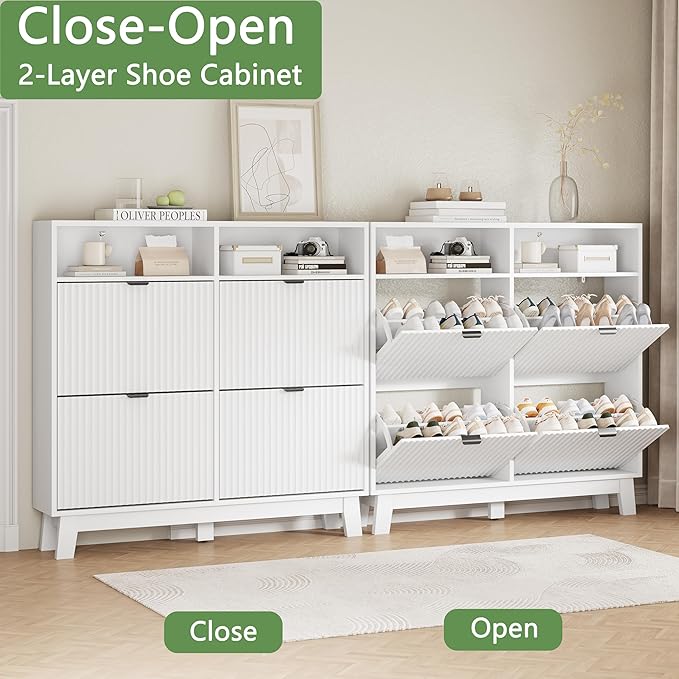 Shoe Cabinet with 4 Flip Drawers, 46" Tall Narrow Fluted Shoe Storage Organizer for Entryway, Hidden Slim Wooden Shoe Rack Cabinet for Front Door Entrance, Hallway, Living Room, Solid White