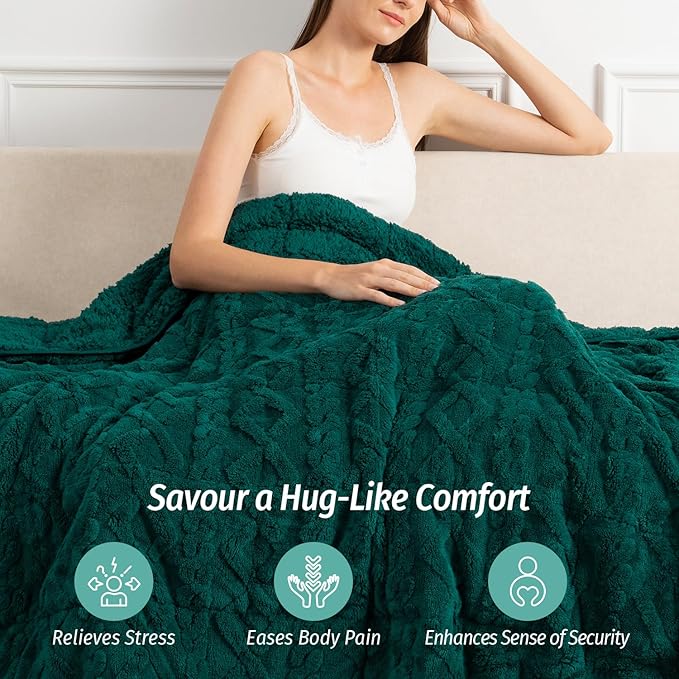 Wemore Weighted Blanket for Adults Twin Size 15 lbs, Dual Sided Soft Fuzzy Jacquard Sherpa Weighted Blankets for Sleeping, Cozy Fluffy Knitted Heavy Blanket for Couch Bed, Green, 60 x 80 inches