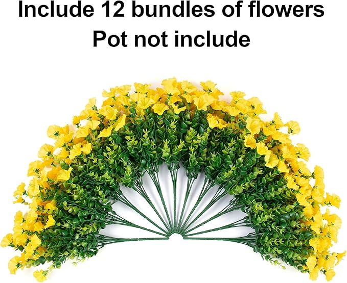 Artificial Flowers Fake Plants for Outdoors Decoration, 12 Bundles Yellow Silk Morning Glory with Eucalyptus Realistic UV Resistant Faux Flowers for Outside Planter Porch Yard Patio Garden Home Indoor