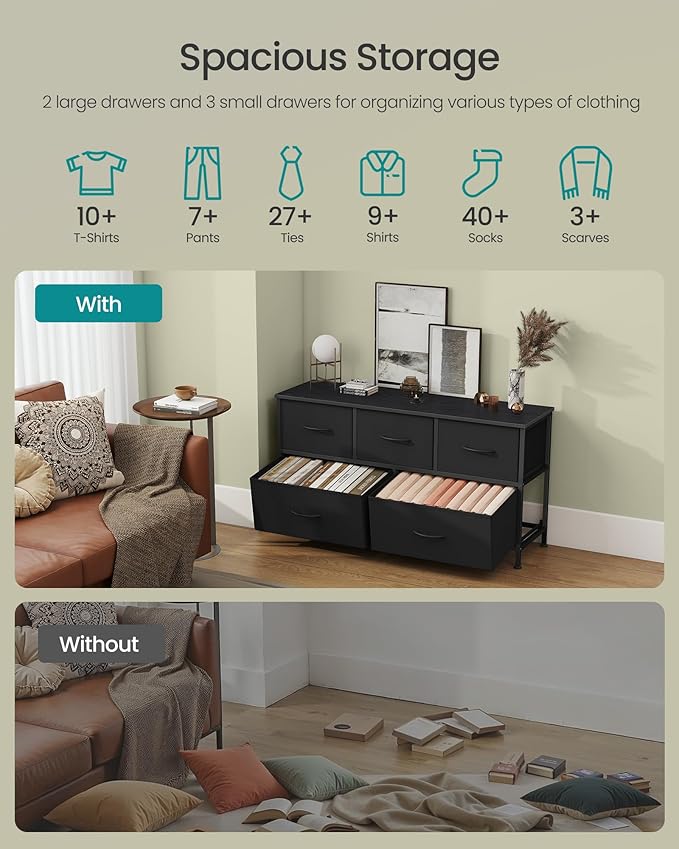 SONGMICS Dresser for Bedroom, Chest of Drawers, Steel, MDF, 5 Non-Woven Fabric Drawers, Storage Organizer Unit, Closet, Entryway, Ink Black and Ebony Black ULGS322B01S