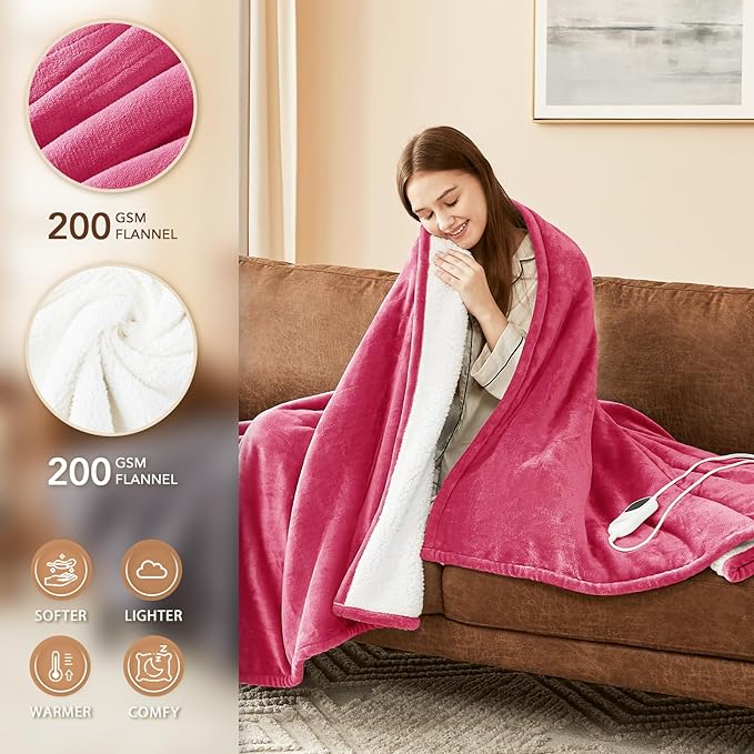 Homemate Electric Heated Blanket Full Size - 72"x84" Heating Blanket Full Size 1/2/4/6/8 Hours Auto-Off 10 Heat Level Over-Heat Protection Flannel Sherpa ETL Certification
