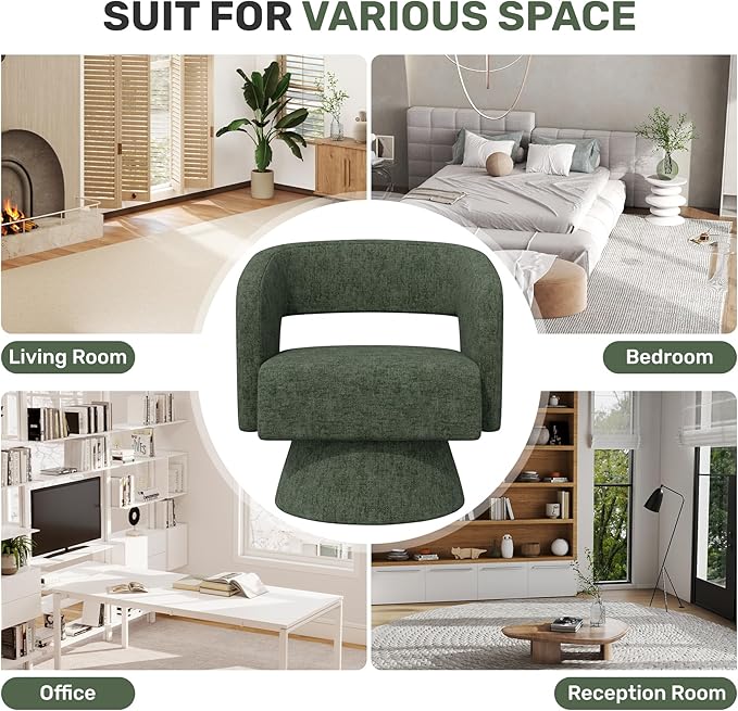 Swivel Accent Chair, Modern Comfy Chenille Barrel Chairs, Oversized Upholstered Round Arm Chair for Living Room, Bedroom, Reading Room, Green, 1 PCS
