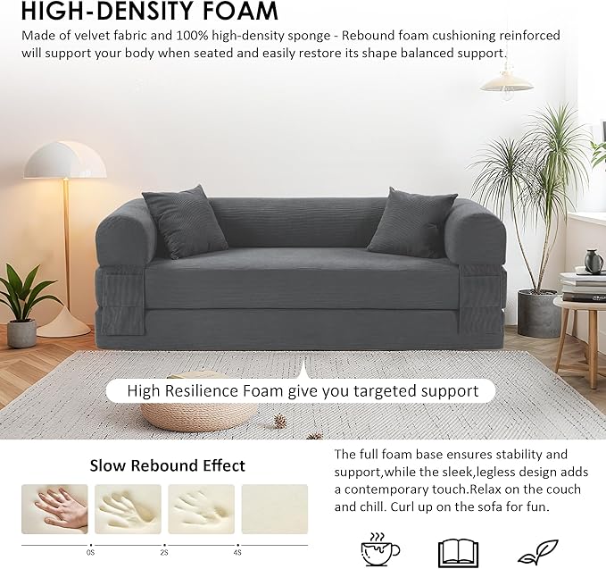 80” Convertible Sofa Bed, Cloud Boneless Couch Floor Sleeper Bed with Pillows, Corduroy Compression Sofa in Box, No Assembly Modular Lounge Couch for Living Room, Smog Gray