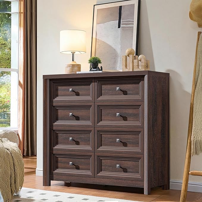 Farmhouse 8 Drawer Dresser for Bedroom, 41" Tall Wood Chest of Drawers, 43.3" Wide Dresser TV Stand, Storage Closet Drawer Organizer for Bedroom, Walnut