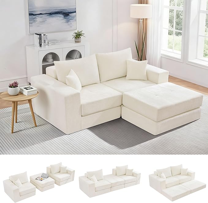 Boneless Sectional Loveseat Couch with Ottoman, Convertible Tufted Button Modular Floor Sleeper Sofa Bed, Comfy Foldable Compression Love Seat Sofa for Living Room, No Assembly, Beige