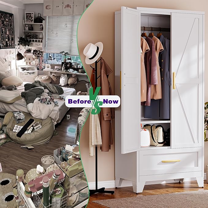 Metal Armoire Wardrobe Closet,71" Tall White Storage Cabinet with Hanging Rod,1 Drawers & 1 Adjustable Shelves,Heavy-Duty Steel Wardrobe for Bedroom, Garage, and Office