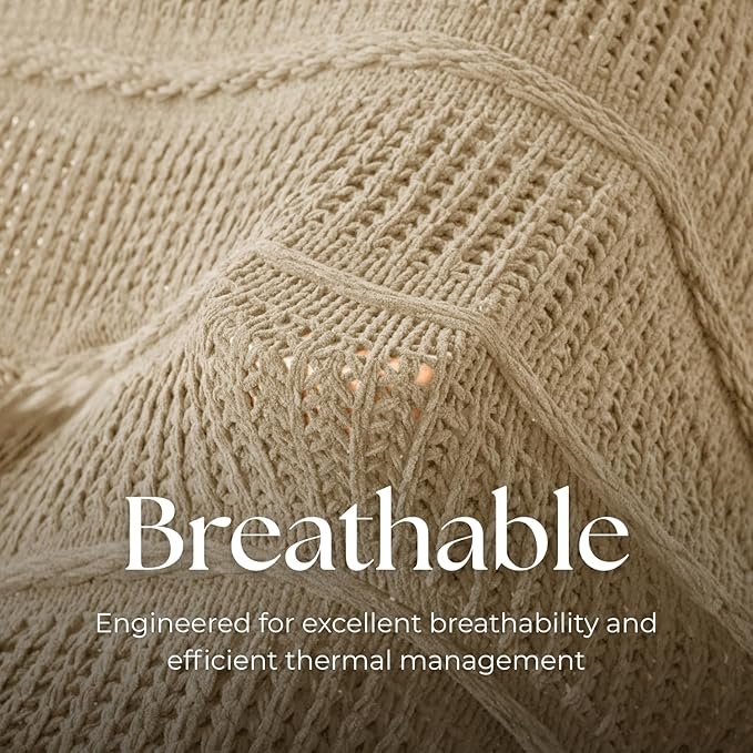 Boho Knitted Chenille Blanket with Tassels - Lightweight & Soft All-Season Throw - 3D Classic Pattern for Living Room Bedroom Couch, Sandy Beige, Throw 50"x60"