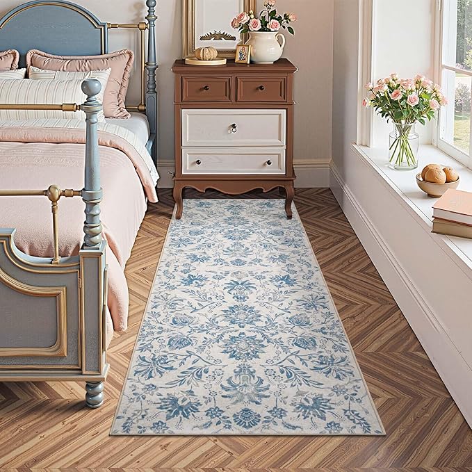 jinchan Torino Runner Rugs 2x6, Vintage-Inspired Floral Design Machine Washable Non-Slip Ultra-Thin Low-Pile Rubber Backing Runner Rug for Kitchen Hallway Laundry Room Entryway Dark Blue