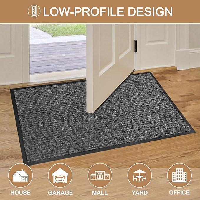 Durable Front Door Mat, Heavy Duty Indoor Outdoor Doormat, 60” x 36” Low Profile Outdoor Mats for Home Entrance, Stain and Fade Resistant Shoe Scraper Mat, Ideal for High Traffic Area