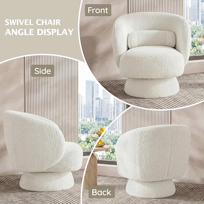 Swivel Accent Chair, Modern 360 Degree Swivel Barrel Chair with Arms & Curved Back and Lumbar Support Cushion, Comfy Round Single Boucle Sofa for Small Space, Living Room, Bedroom, White