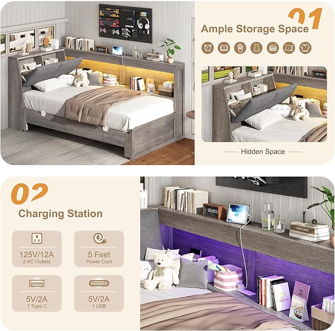 Corner Bed Frame with Trundle and Bookcase Upholstered Headboard, 3-in-1 Twin Size Wood Daybed with Extendable Bed, LED Lights and Charging Station, for Bedroom, Guest Room, Grey