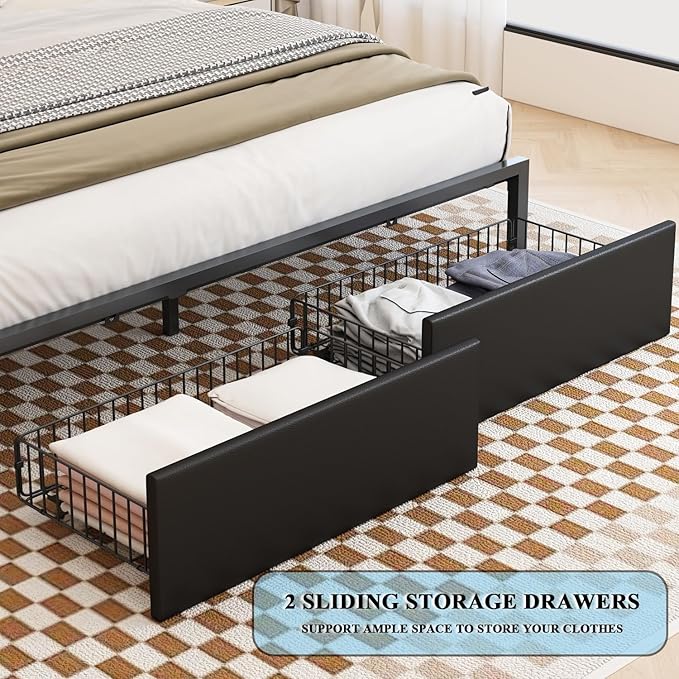 LED Bed Frame Queen Size with 2 Hidden Storage Drawers & Bookcase, PU Leather Headboard, Upholstered Platform Bed with Charging Station, Metal Slats Support, Noise Free, No Box Spring Needed