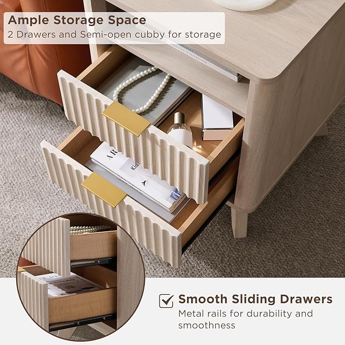 T4TREAM Fluted Nightstand Set of 2 with Charging Station, 18" Modern Side Table with 2 Drawer, End Table w/Storage, Bedside for Bedroom, Living Room, Curved Profile Design, White Alder
