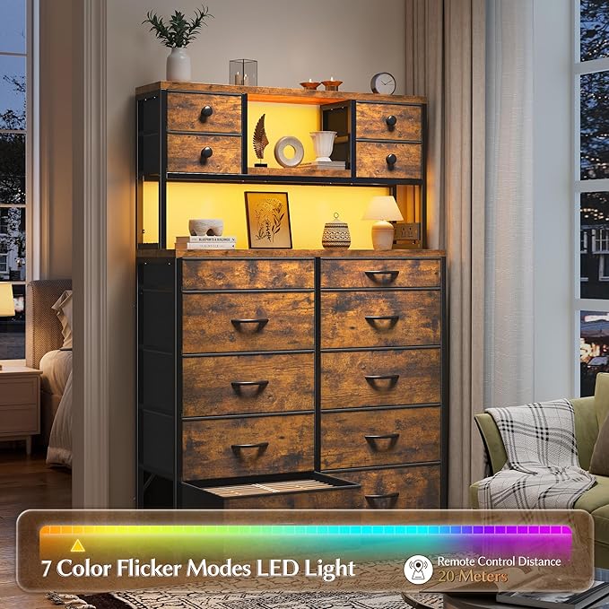 EnHomee 62.8" H Dresser for Bedroom with 14 Drawers,Fabric Dresser with Charging Station and LED Lights,Dressers & Chests of Drawers for Bedroom, Steel Frame & Wooden Top,Rustic Brown