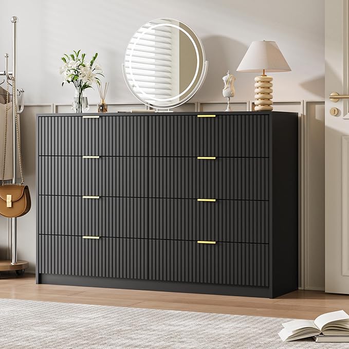 Dresser for Bedroom, 8 Drawer Double Dresser, Modern Chest of Drawers for Bedroom, Living Room, Entryway and Closet, 55" L x 15.7" D x 37.4" H, Black