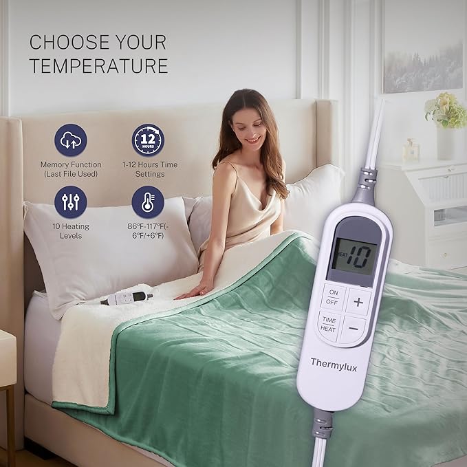 Electric Blanket Full 72"x84" Heated Electric Blankets 10 Heating Levels 12 Time Settings 8 Hours Auto Off Fast Heating and Overheat Protection ETL Certified Machine Washable,Green