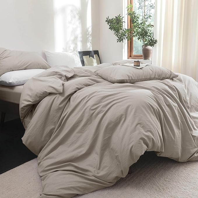 FOSSA Duvet Cover Set 100% Washed Cotton Linen Feel Super Soft Breathable Cozy 3 Pieces Bedding Sets Solid Cream Grey Twin