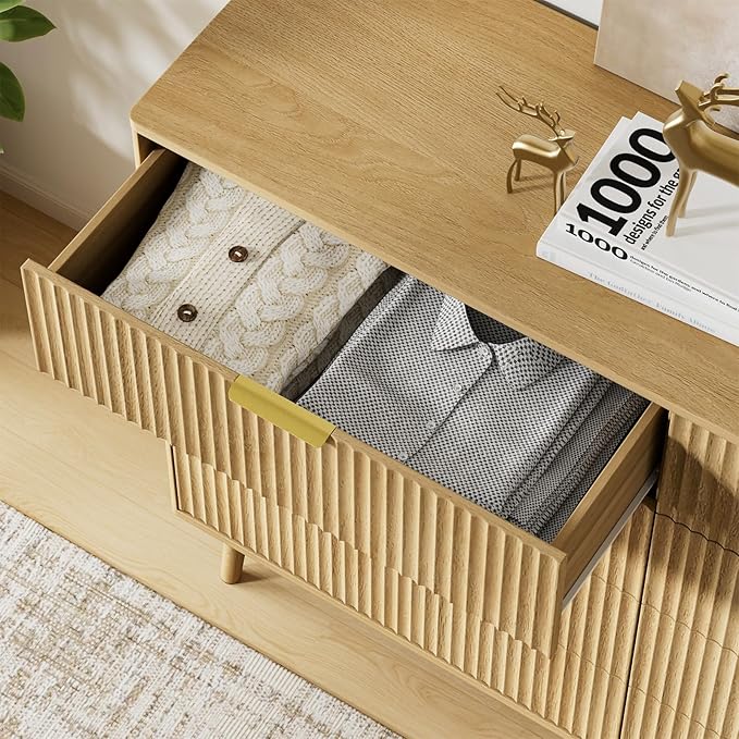 LYNSOM Fluted 8 Drawer Dresser for Bedroom, 55" Wide Modern Chest of Drawers with Curved Profile Design and Metal Handles, Wood Dresser TV Stand & Storage Organizer for Bedroom, Hallway, Oak