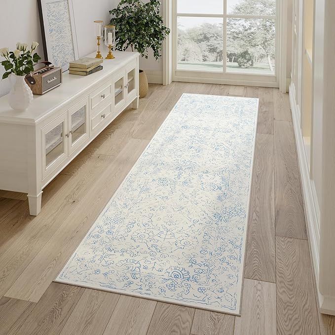 jinchan Hallway Runner Rug 2x8 Washable Kitchen Flora Faux Wool Non-Slip with Rubber Backing Soft Thin Vintage Carpet Runner for Bedroom Bathroom Laundry Room Living Room (2x8ft,Blue)