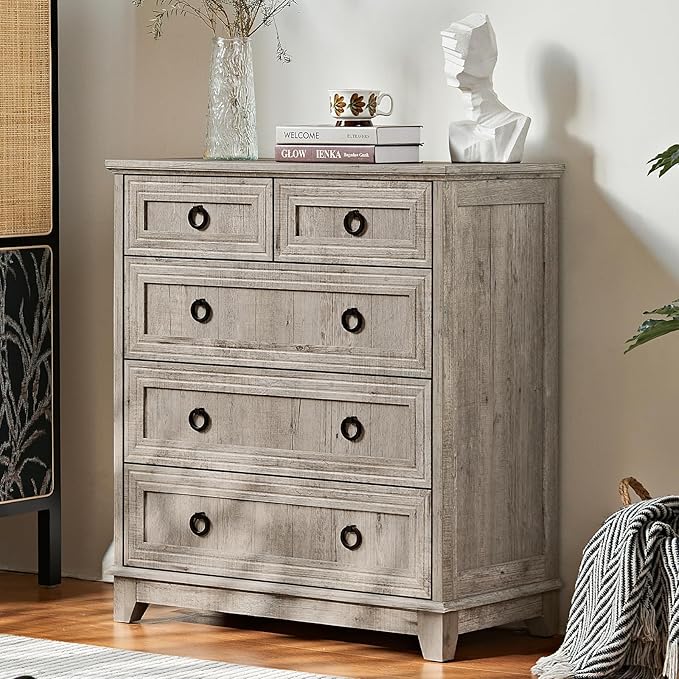 Farmhouse 5 Drawer Dresser for Bedroom, 33.2" Tall Small Dressers & Chest of Drawers, Rustic Wood Dresser with Metal Handle, Storage Organizer Closet for Living Room, Hallway, Entryway